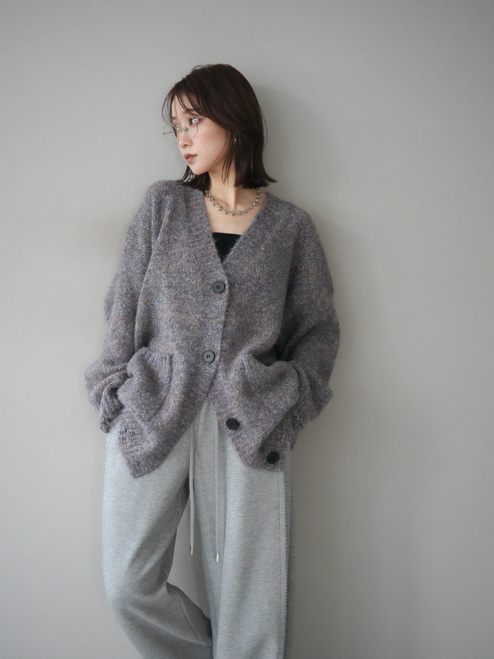 [予約]ミックスヤーンVネックオーバーニットカーディガン/purple