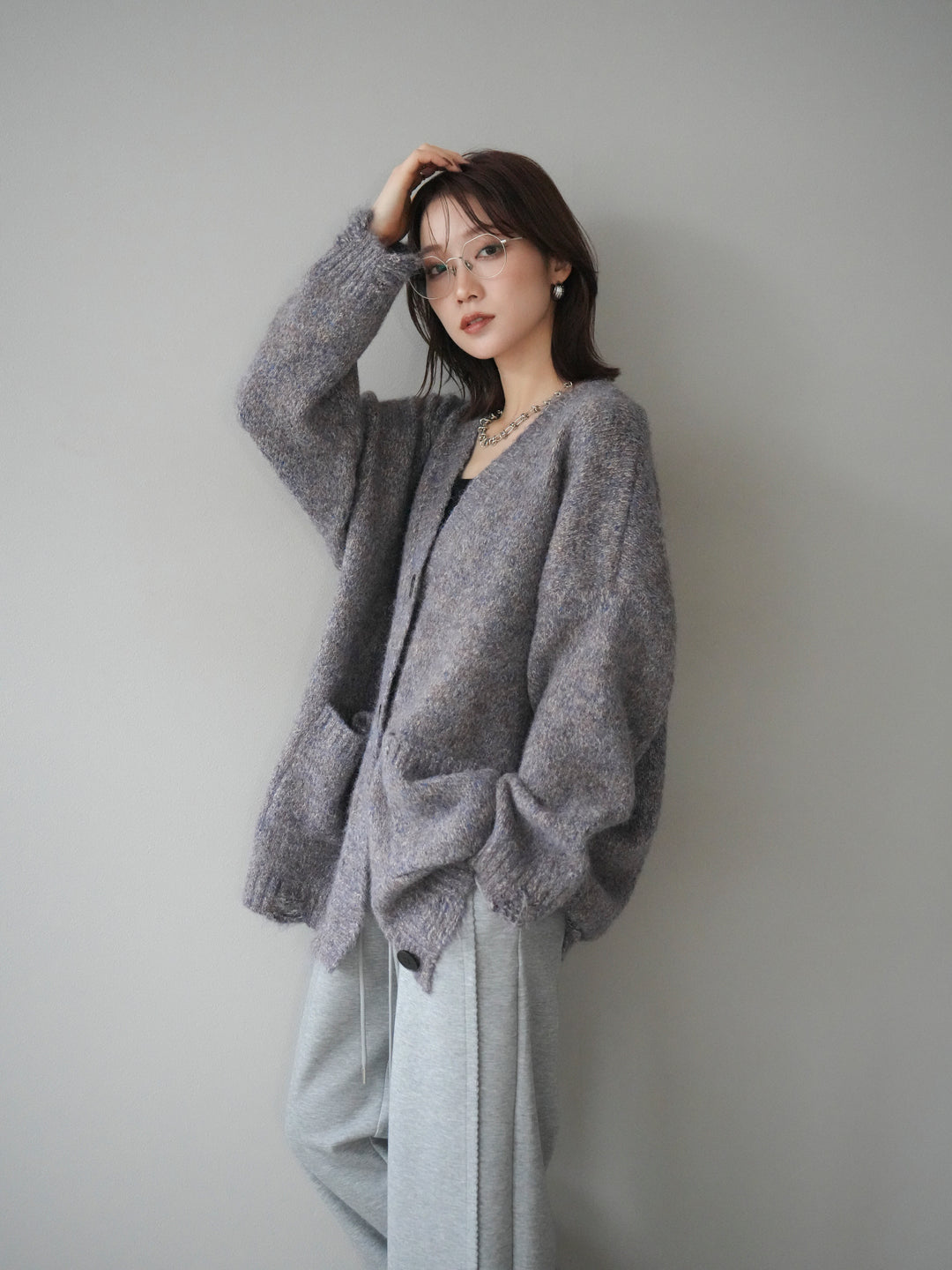 [予約]ミックスヤーンVネックオーバーニットカーディガン/purple