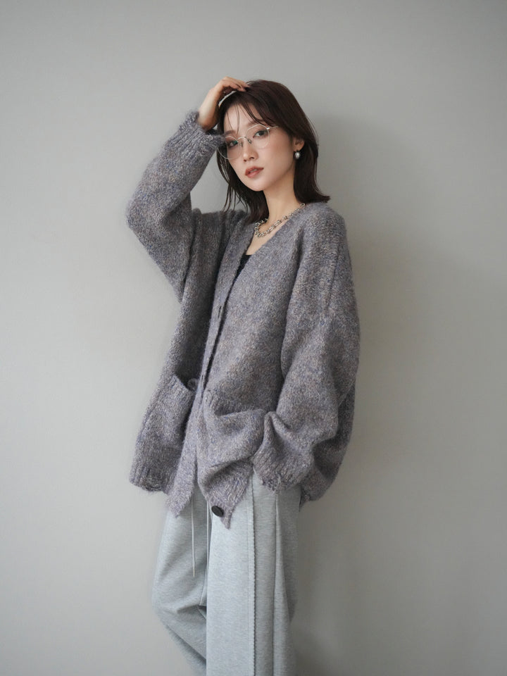 [予約]ミックスヤーンVネックオーバーニットカーディガン/purple