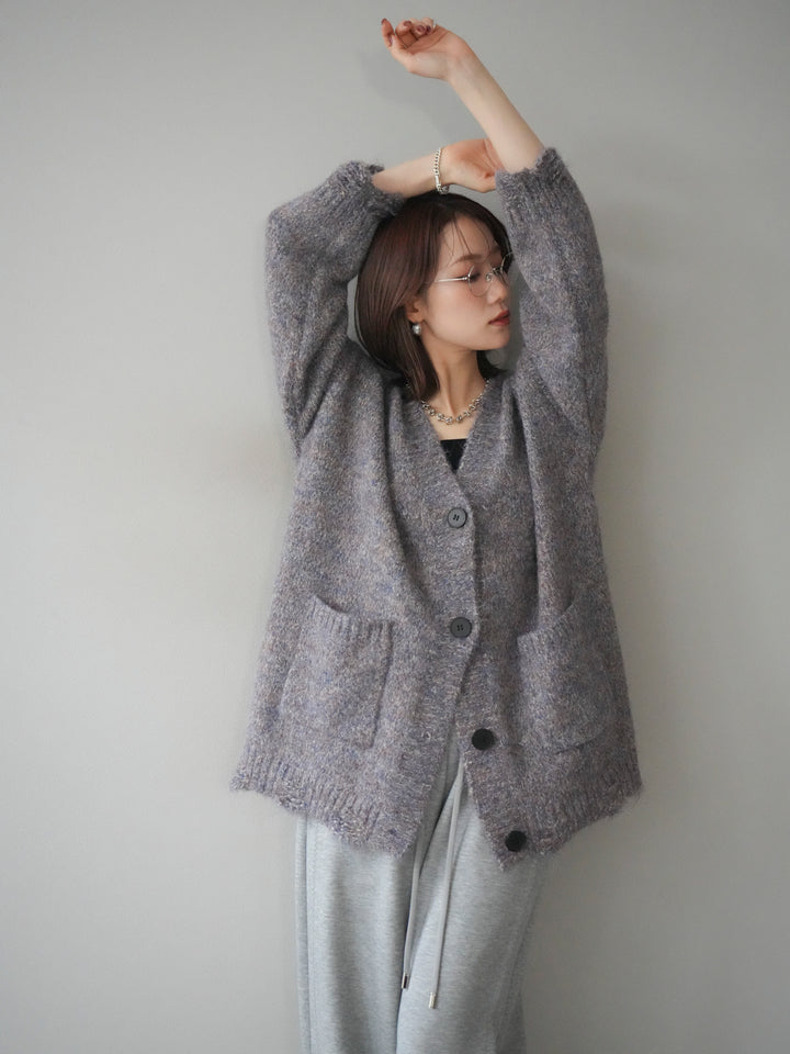 [予約]ミックスヤーンVネックオーバーニットカーディガン/purple