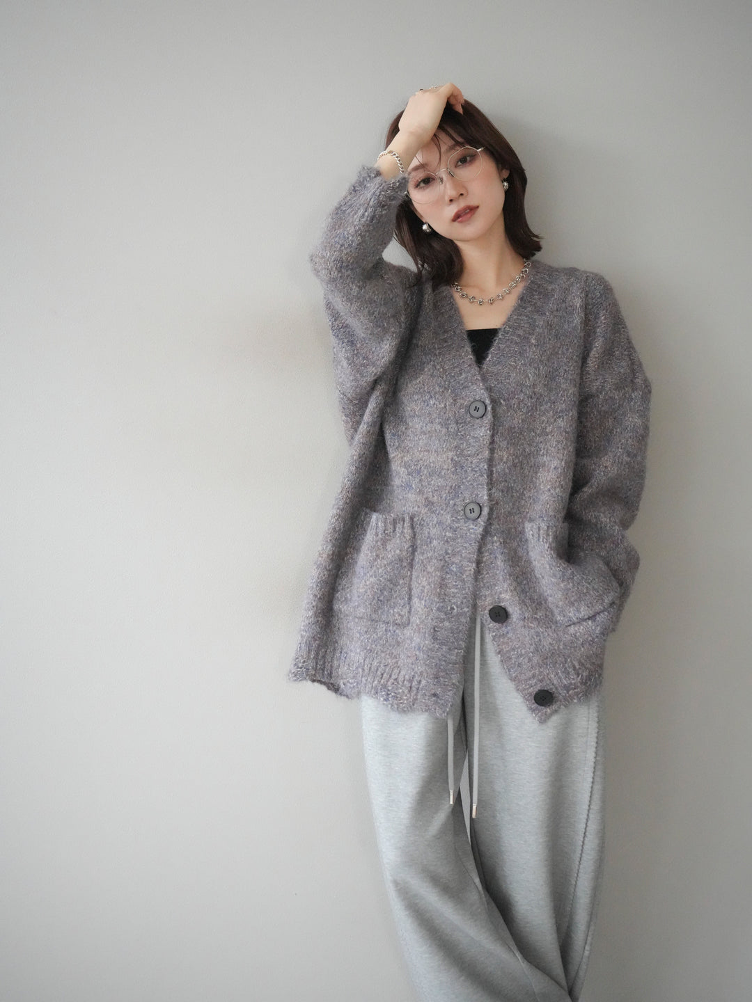 [予約]ミックスヤーンVネックオーバーニットカーディガン/purple