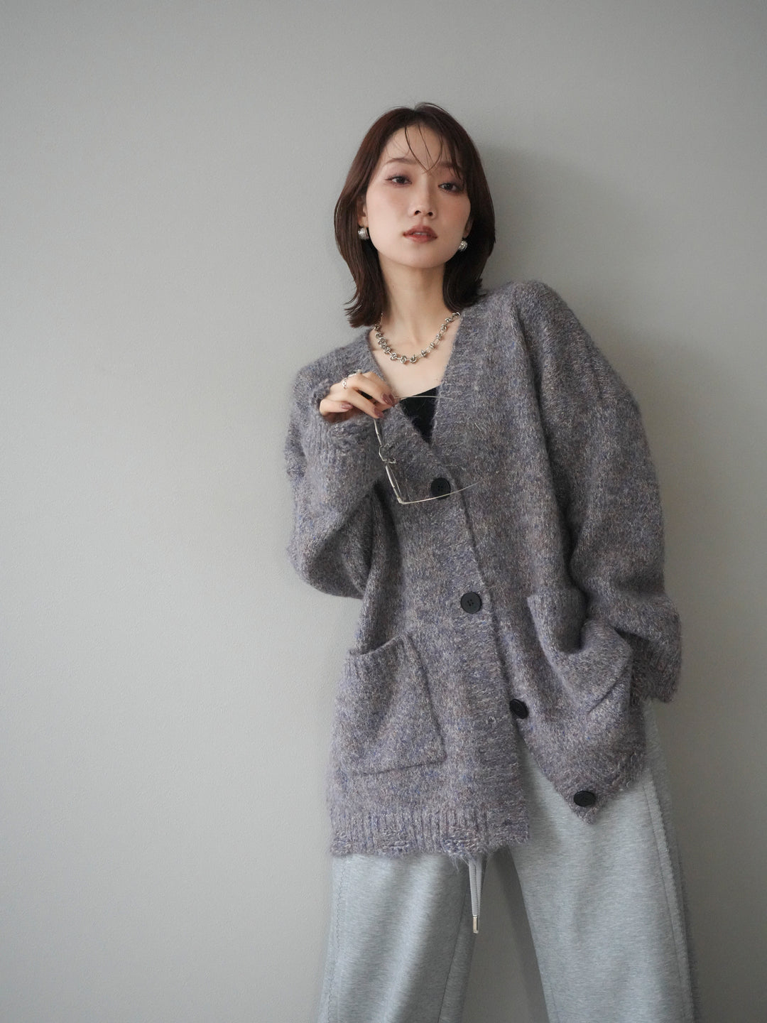 [予約]ミックスヤーンVネックオーバーニットカーディガン/purple