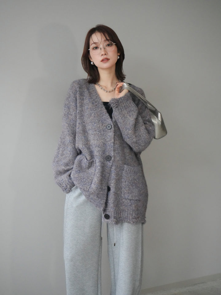 [予約]ミックスヤーンVネックオーバーニットカーディガン/purple