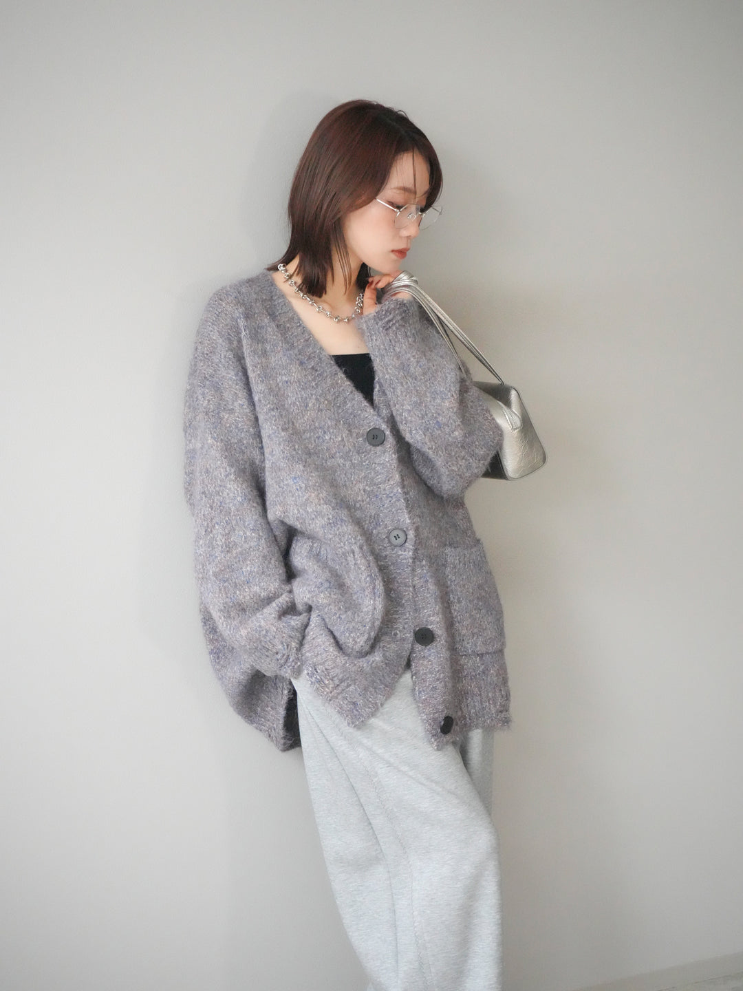 [予約]ミックスヤーンVネックオーバーニットカーディガン/purple