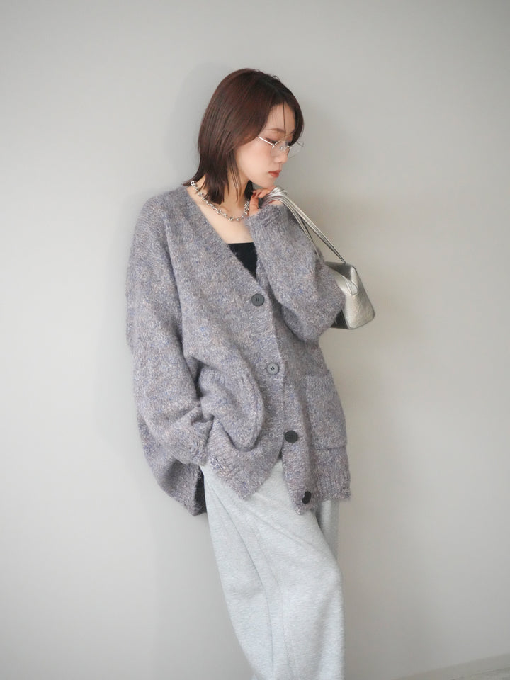 [予約]ミックスヤーンVネックオーバーニットカーディガン/purple