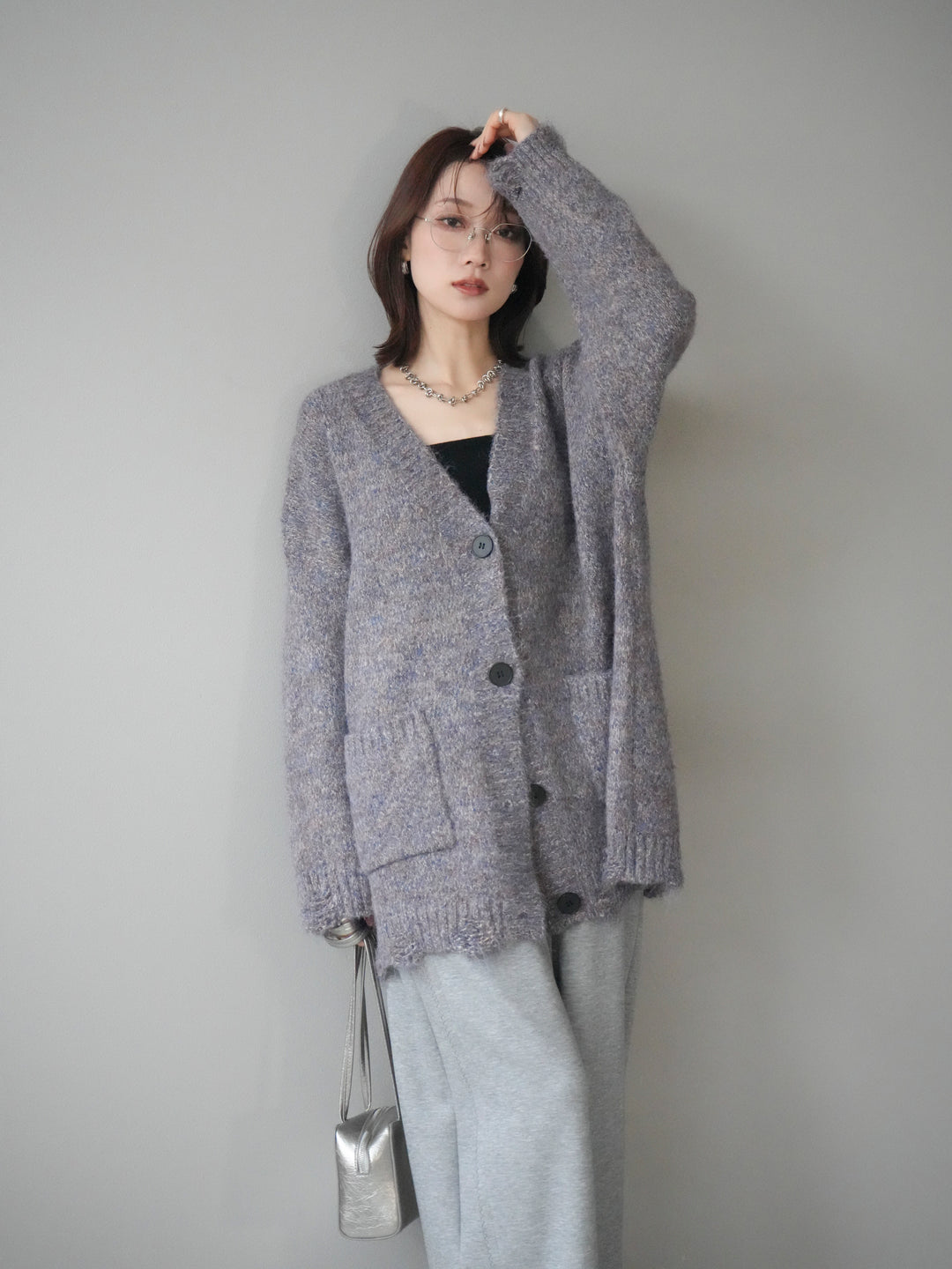 [予約]ミックスヤーンVネックオーバーニットカーディガン/purple