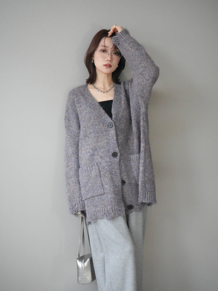 [予約]ミックスヤーンVネックオーバーニットカーディガン/purple