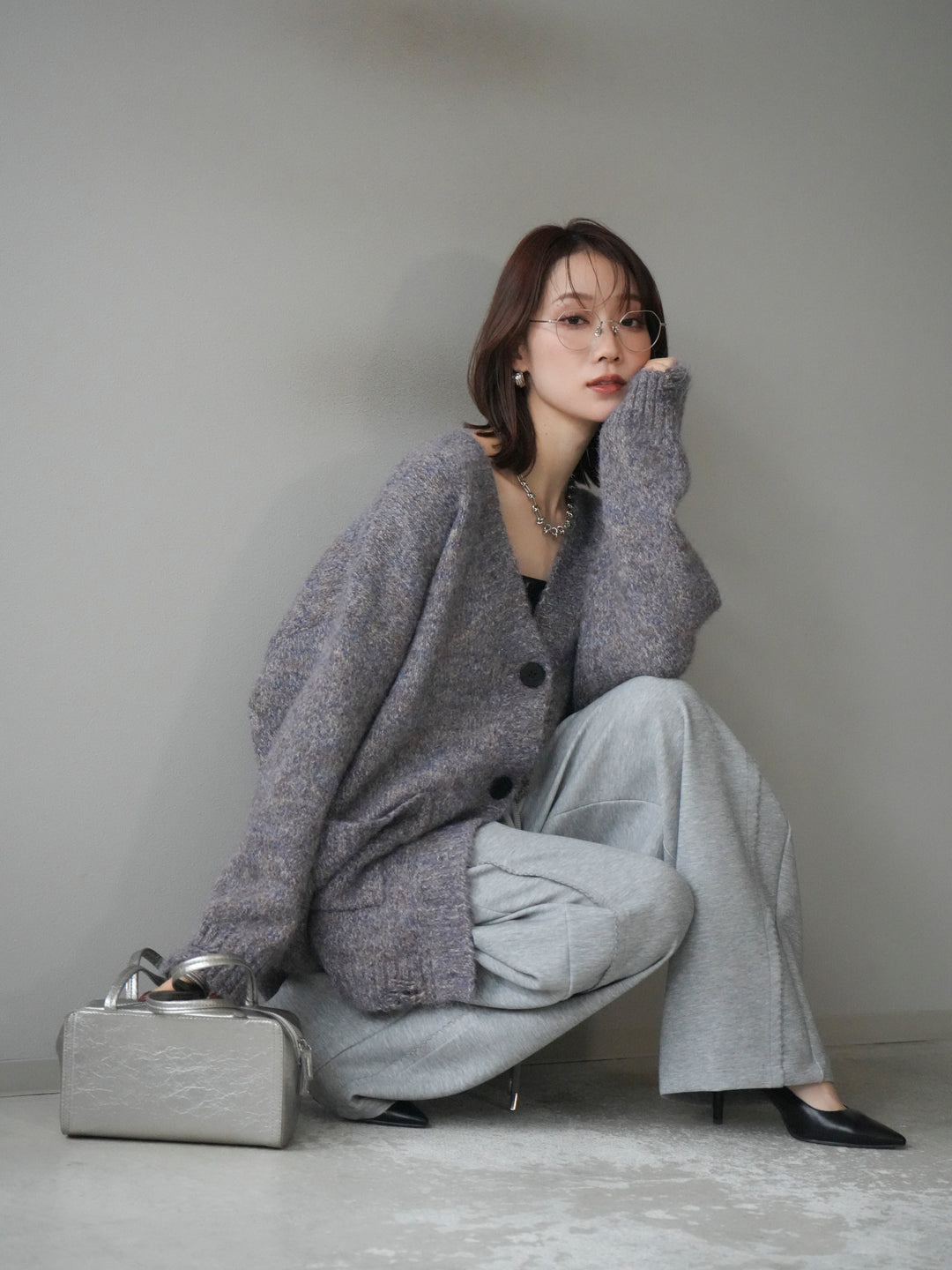 [予約]ミックスヤーンVネックオーバーニットカーディガン/purple