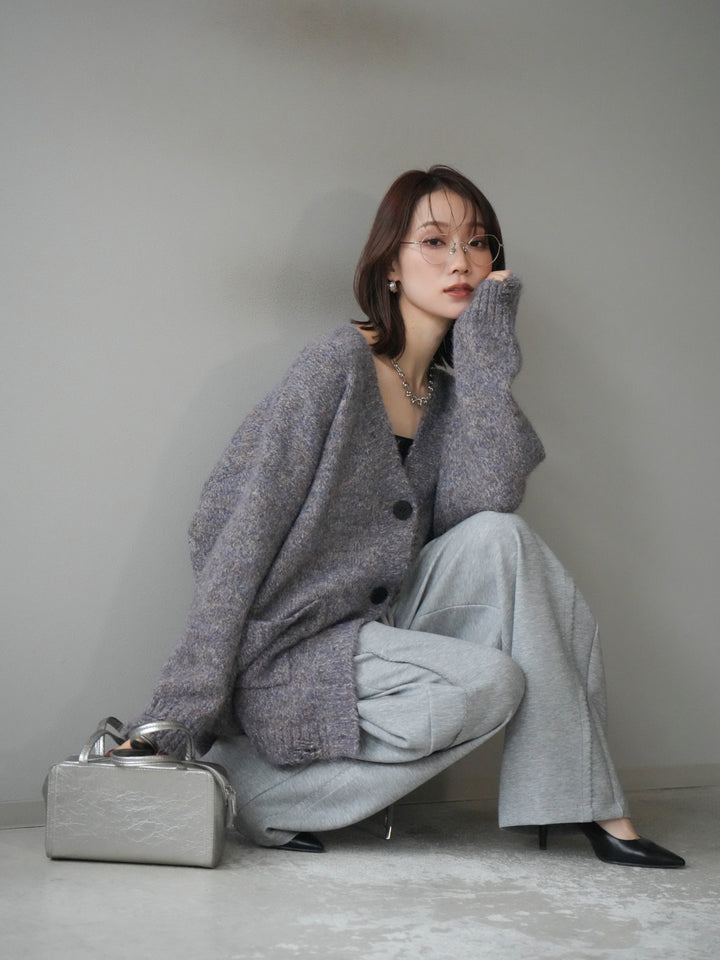 [予約]ミックスヤーンVネックオーバーニットカーディガン/purple