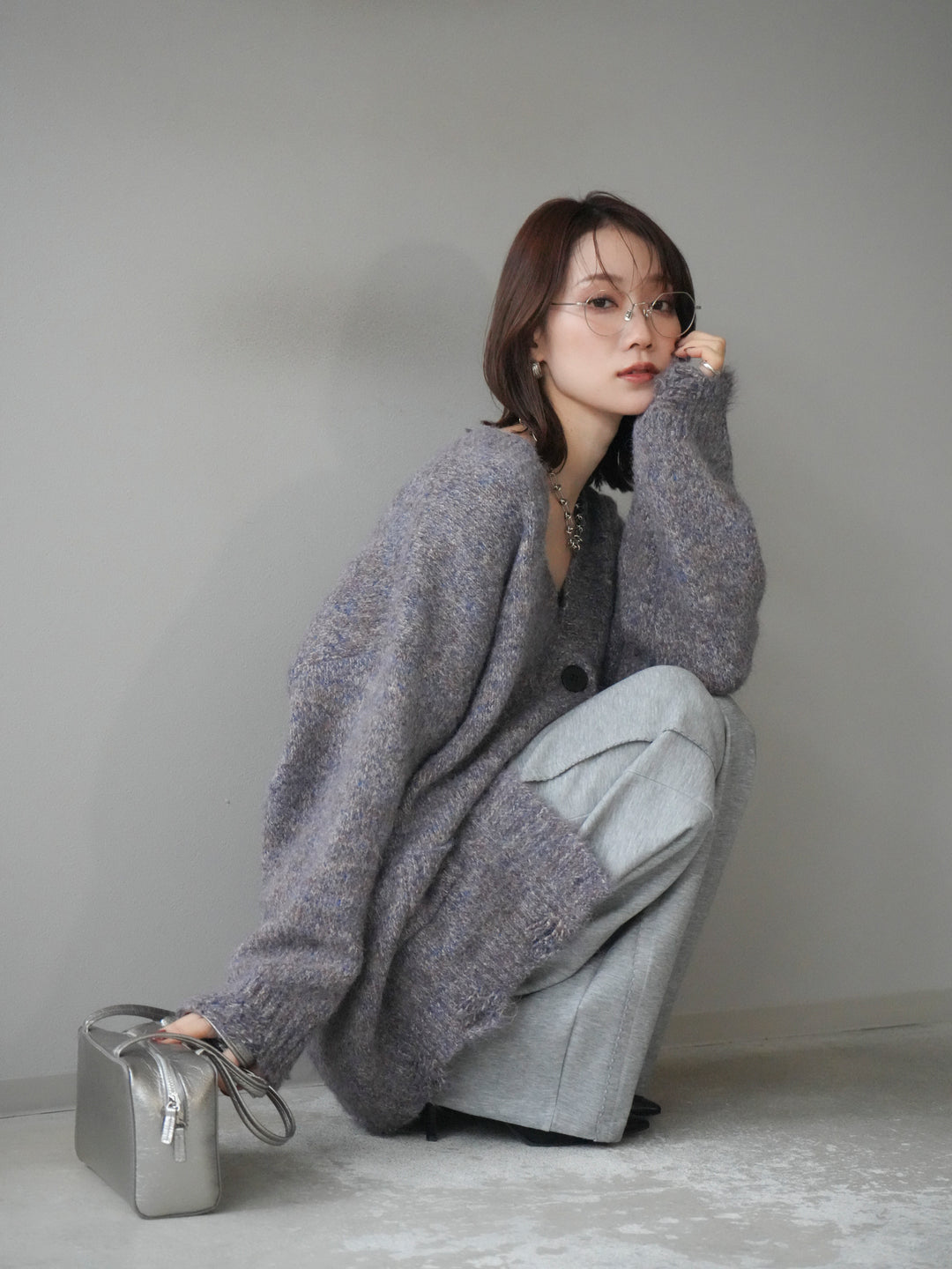 [予約]ミックスヤーンVネックオーバーニットカーディガン/purple