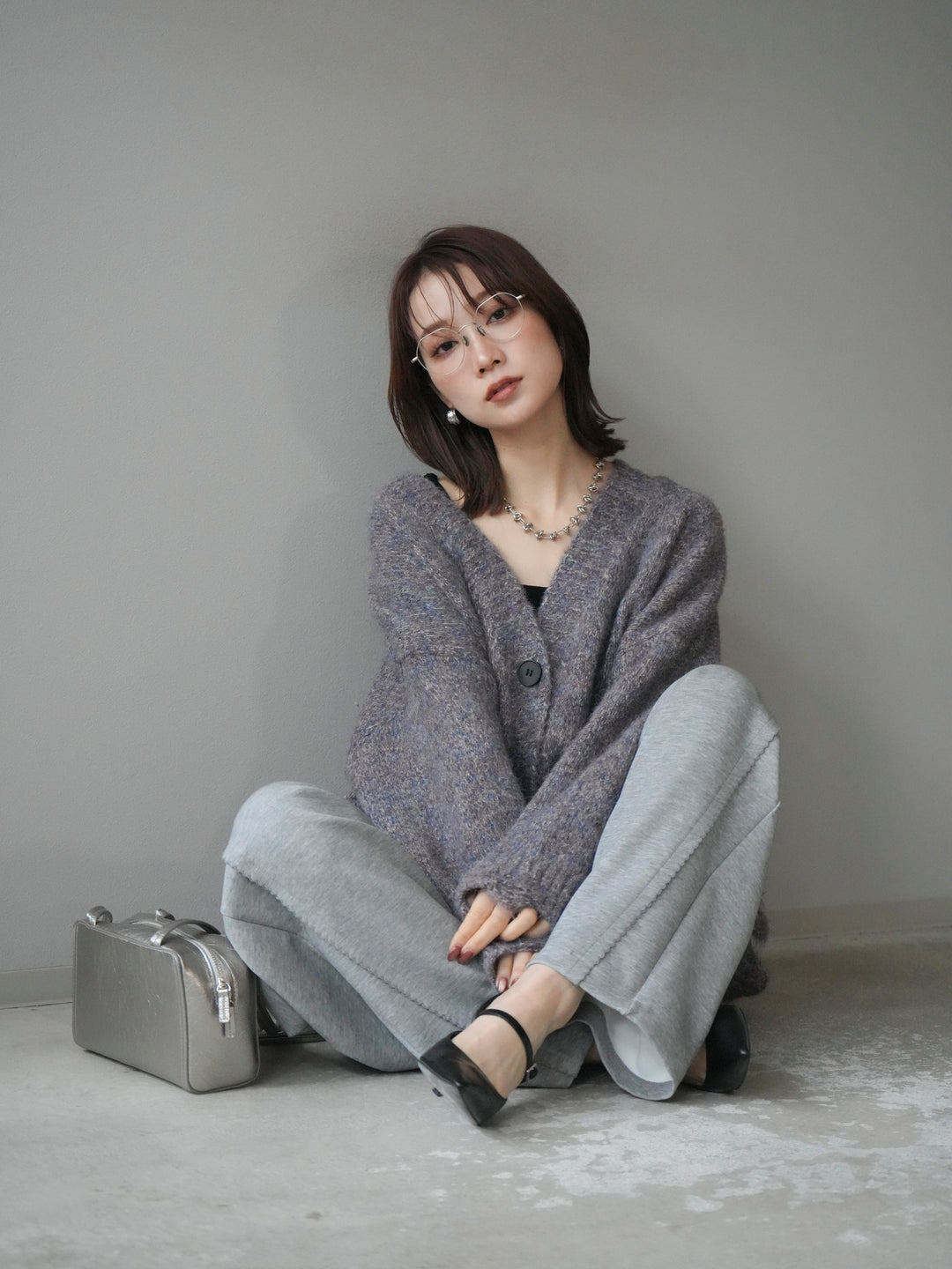 [予約]ミックスヤーンVネックオーバーニットカーディガン/purple