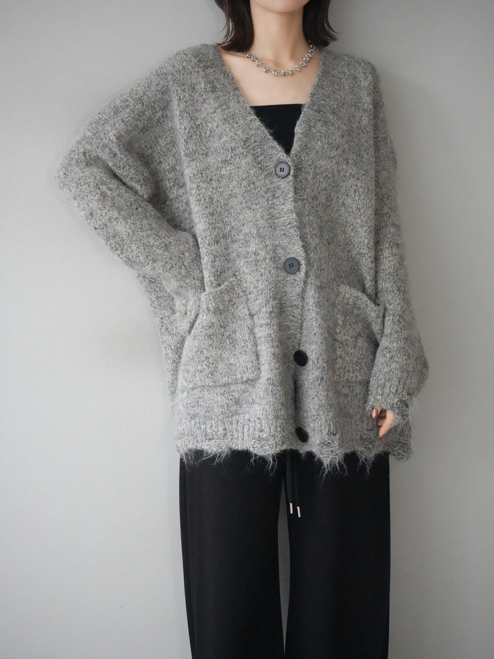 [予約]ミックスヤーンVネックオーバーニットカーディガン/green