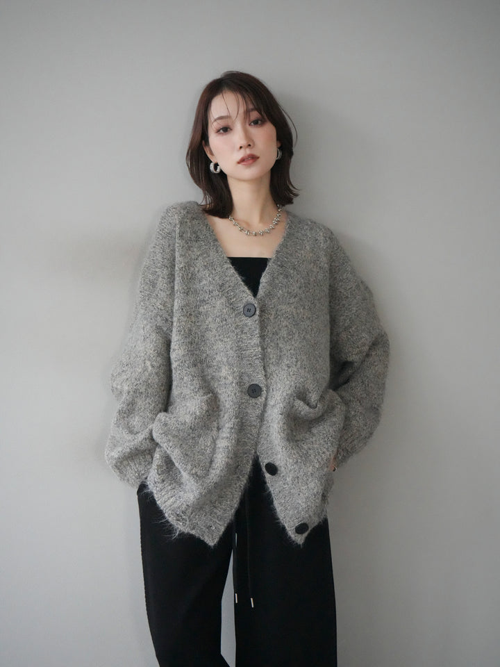 [予約]ミックスヤーンVネックオーバーニットカーディガン/green