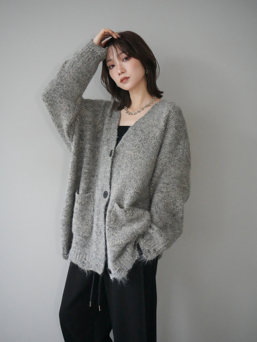 [予約]ミックスヤーンVネックオーバーニットカーディガン/green