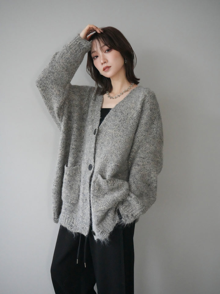 [予約]ミックスヤーンVネックオーバーニットカーディガン/green