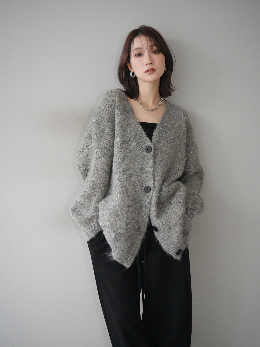 [予約]ミックスヤーンVネックオーバーニットカーディガン/green