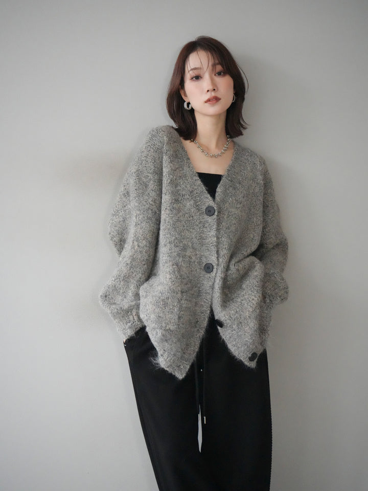 [予約]ミックスヤーンVネックオーバーニットカーディガン/green