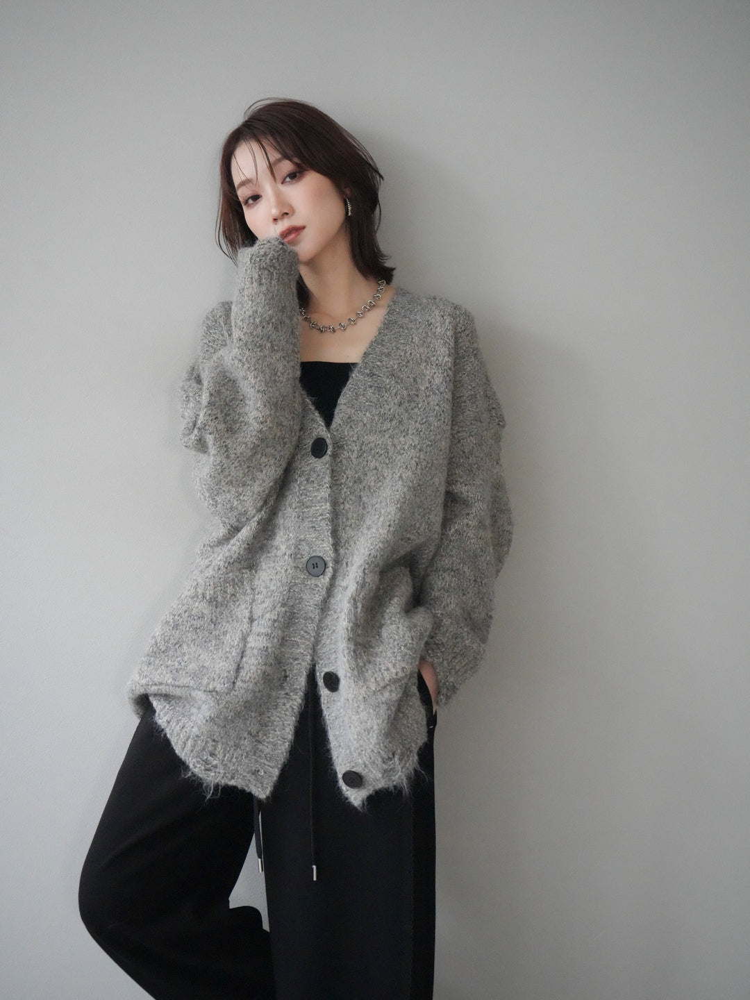 [予約]ミックスヤーンVネックオーバーニットカーディガン/green