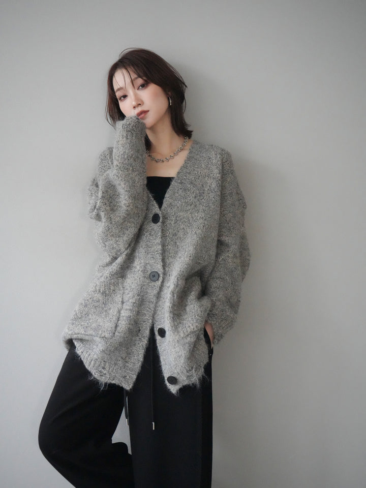 [予約]ミックスヤーンVネックオーバーニットカーディガン/green