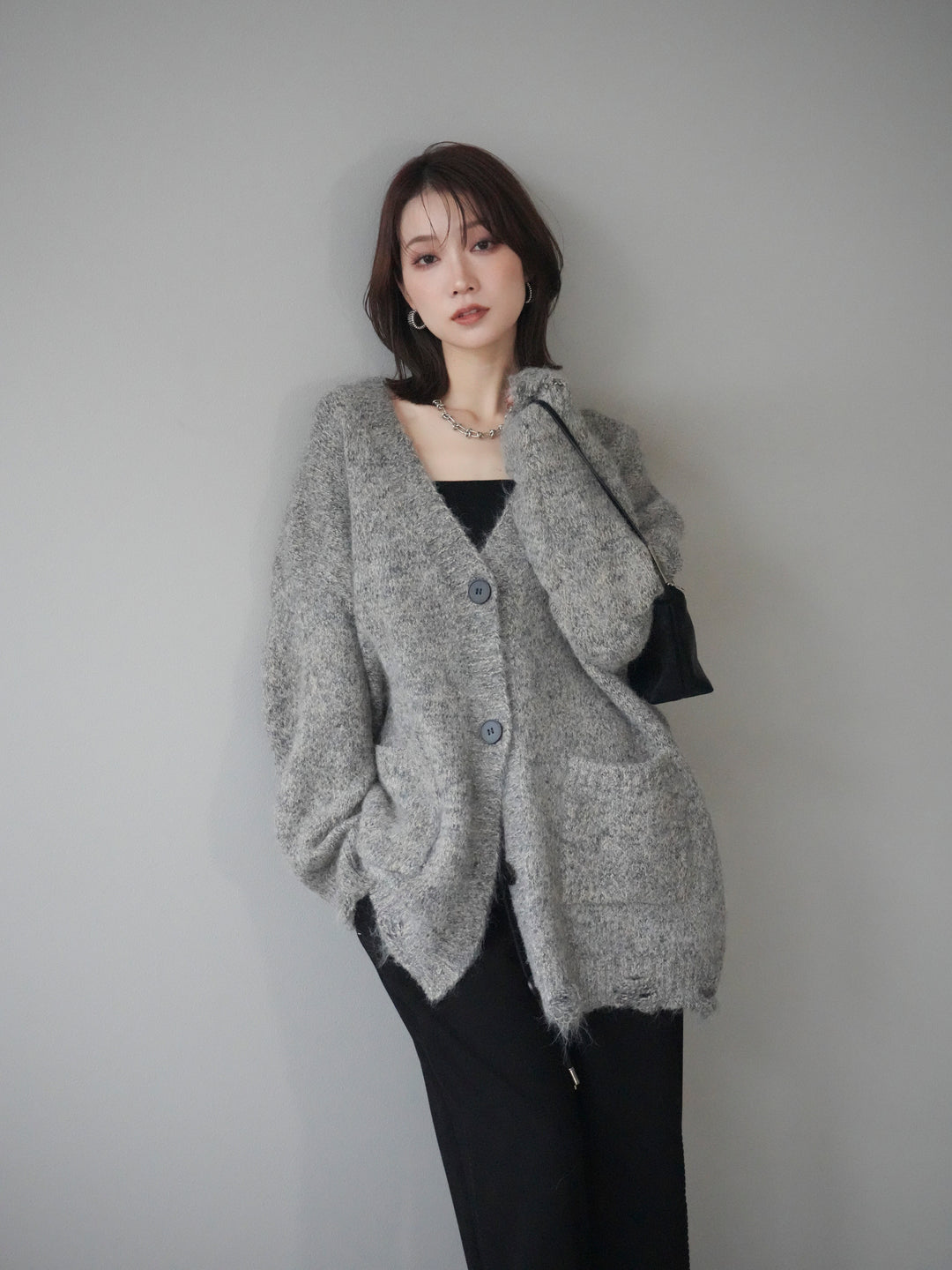 [予約]ミックスヤーンVネックオーバーニットカーディガン/green