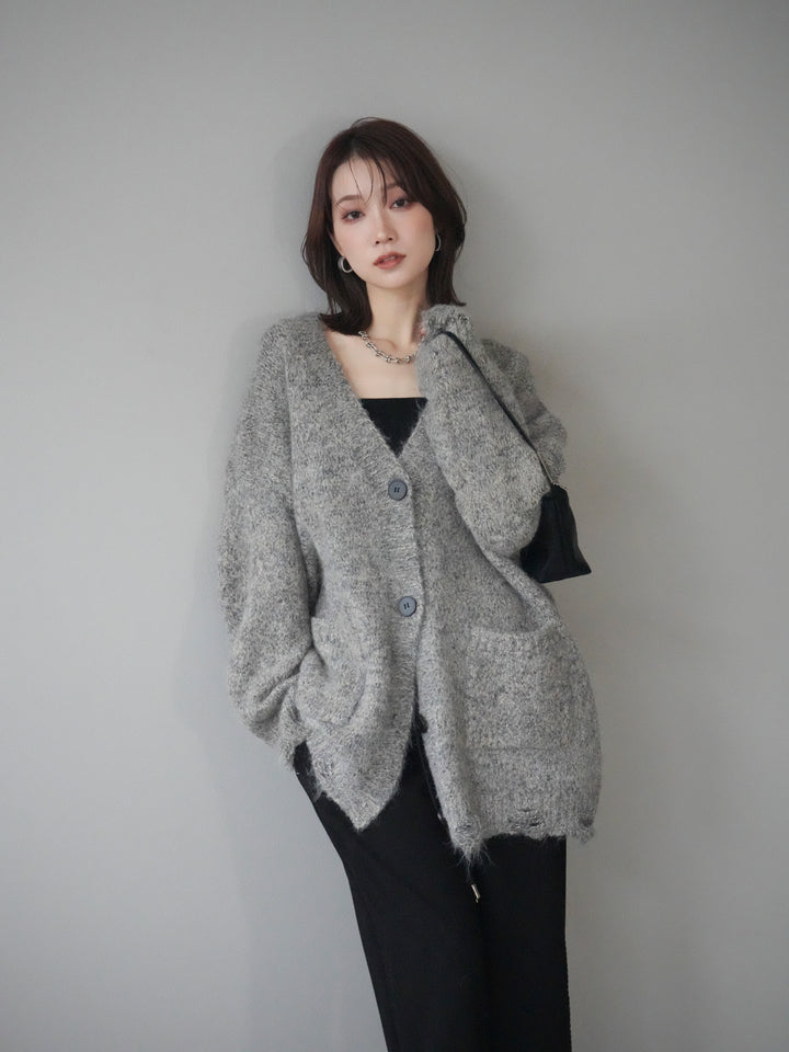 [予約]ミックスヤーンVネックオーバーニットカーディガン/green