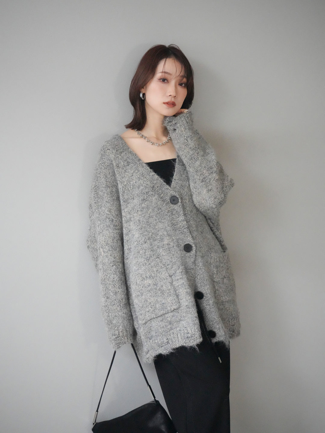 [予約]ミックスヤーンVネックオーバーニットカーディガン/green