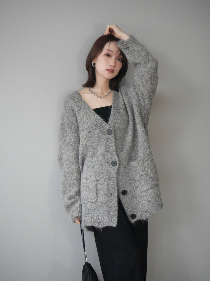 [予約]ミックスヤーンVネックオーバーニットカーディガン/green