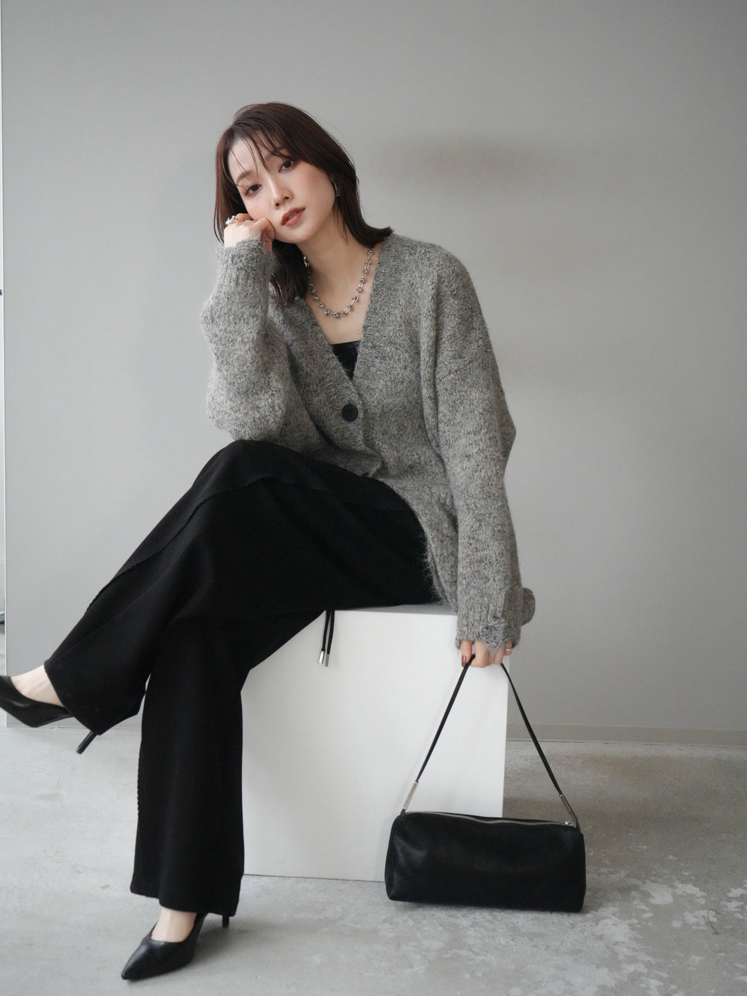 [予約]ミックスヤーンVネックオーバーニットカーディガン/green