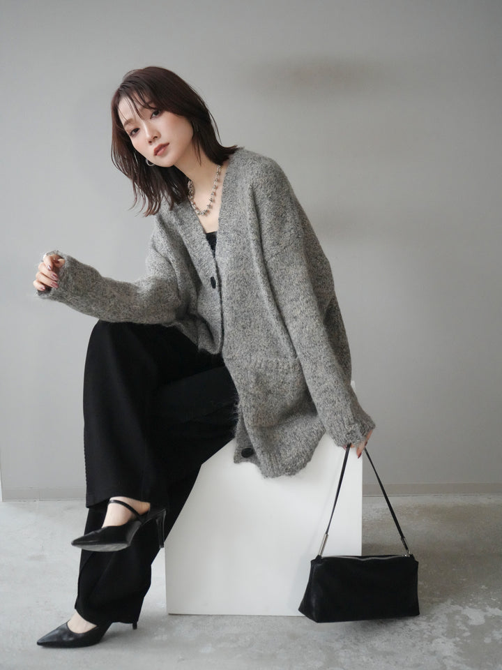 [予約]ミックスヤーンVネックオーバーニットカーディガン/green