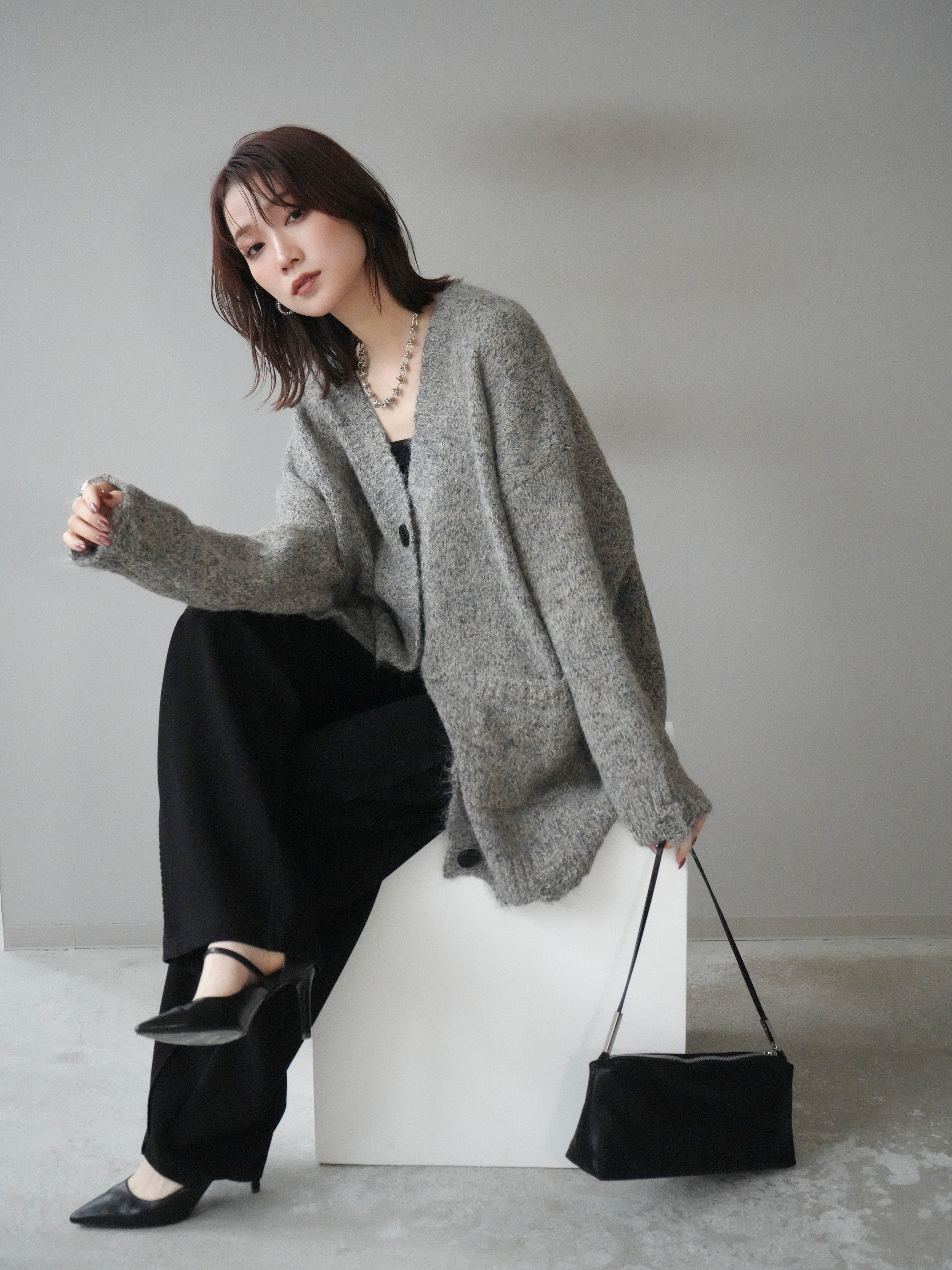 SET]ミックスヤーンVネックオーバーニットカーディガン+ミックス