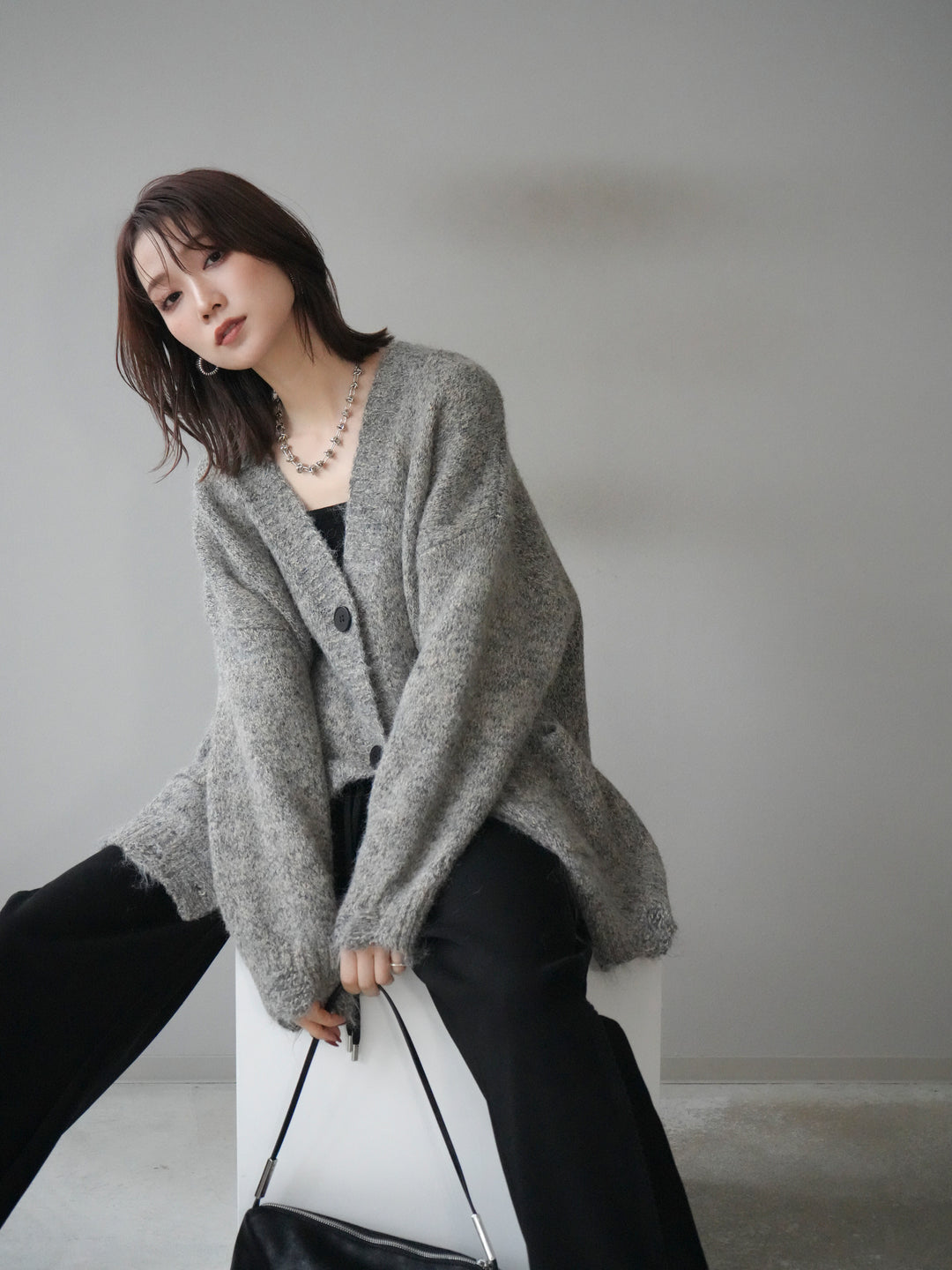 [予約]ミックスヤーンVネックオーバーニットカーディガン/green