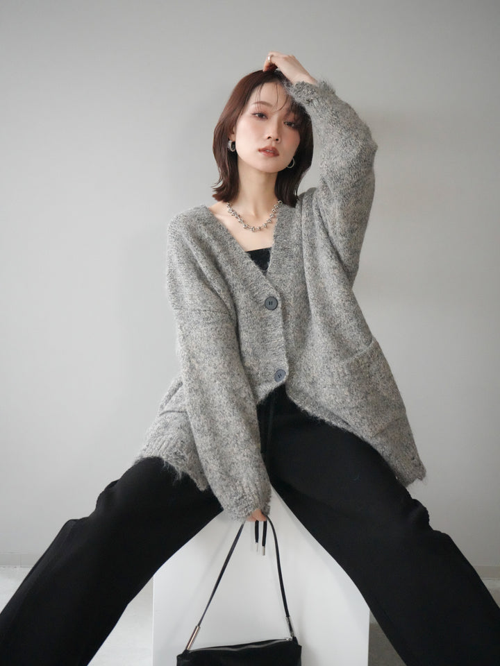 [予約]ミックスヤーンVネックオーバーニットカーディガン/green