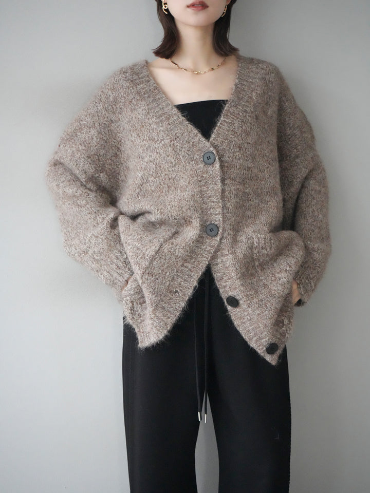 [予約]ミックスヤーンVネックオーバーニットカーディガン/brown