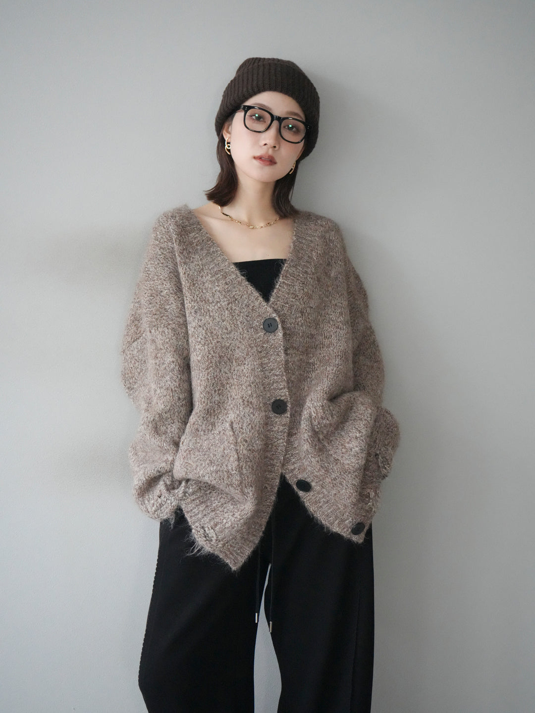 [予約]ミックスヤーンVネックオーバーニットカーディガン/brown