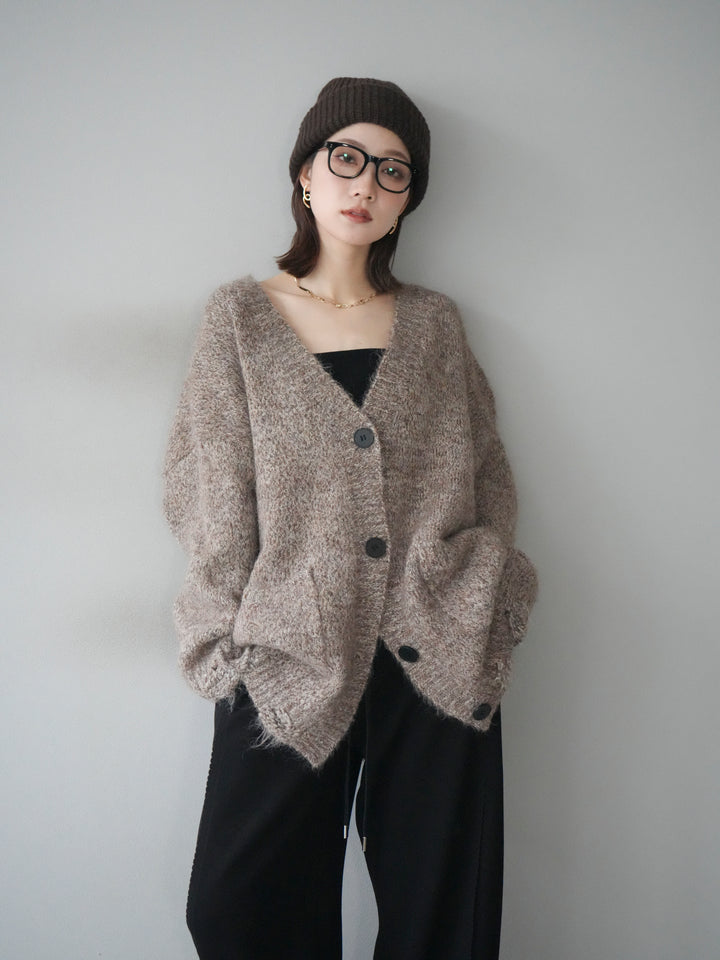 [予約]ミックスヤーンVネックオーバーニットカーディガン/brown