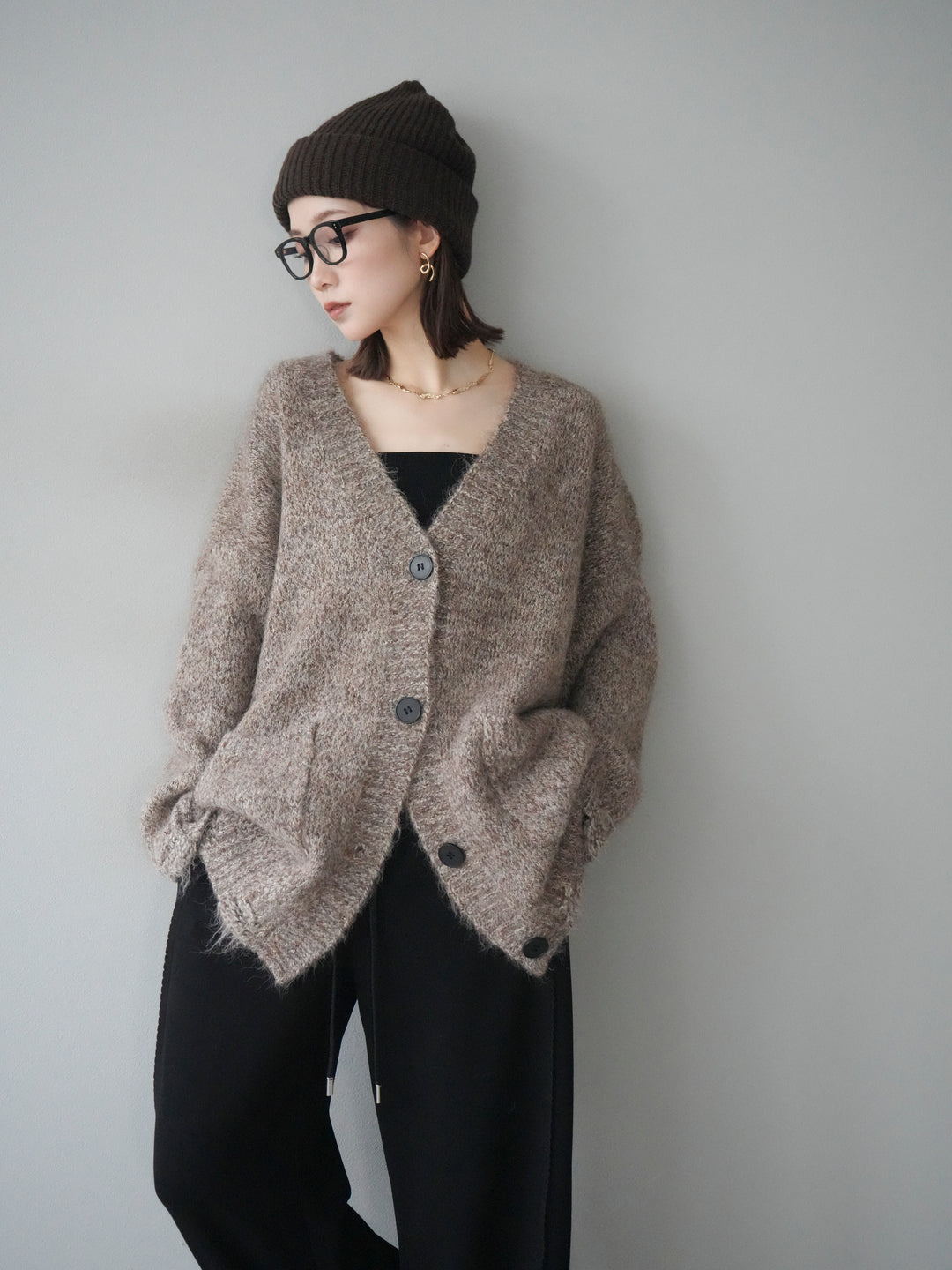 [予約]ミックスヤーンVネックオーバーニットカーディガン/brown