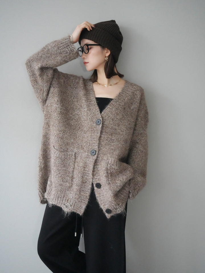 [予約]ミックスヤーンVネックオーバーニットカーディガン/brown