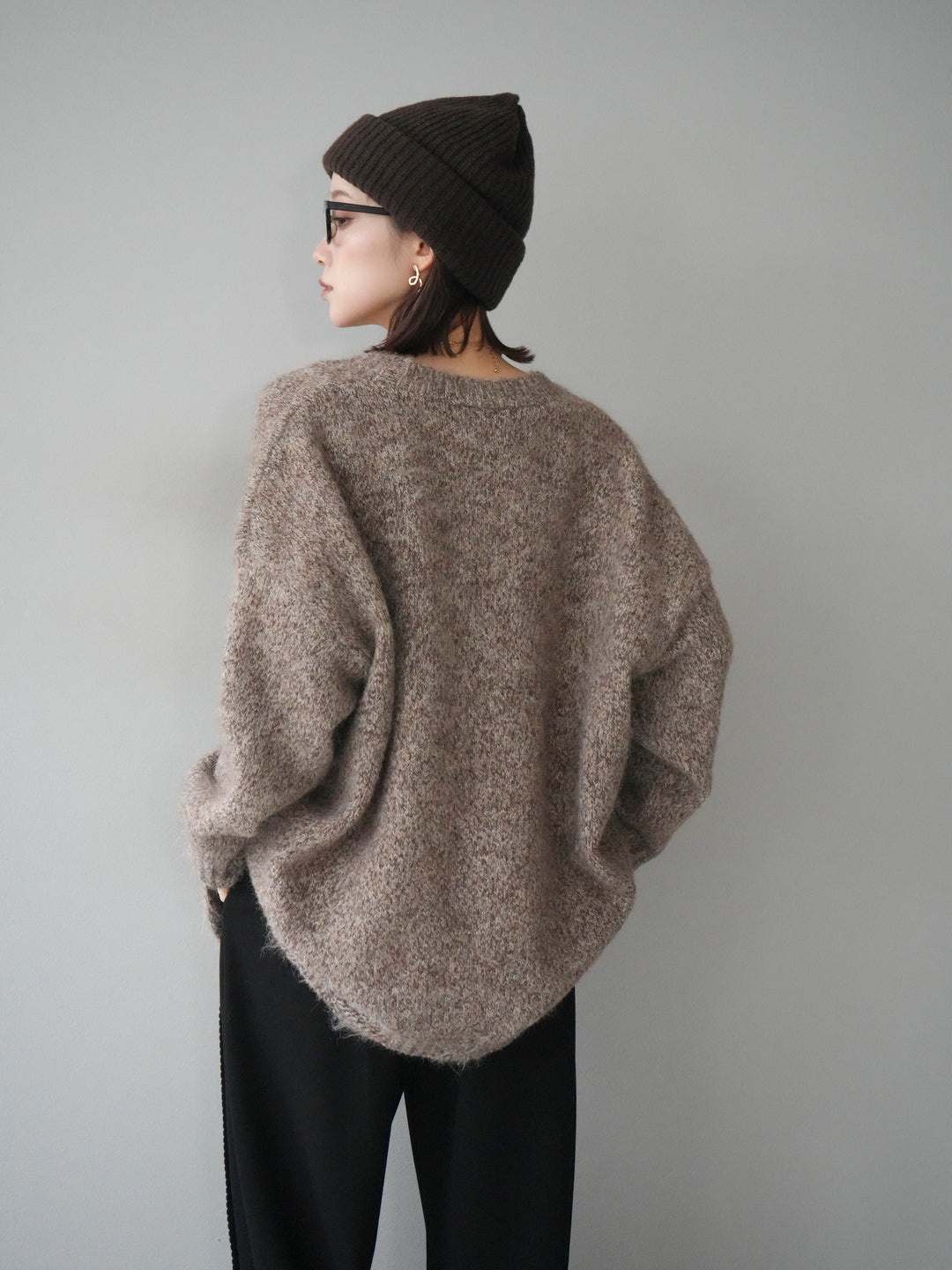 [予約]ミックスヤーンVネックオーバーニットカーディガン/brown