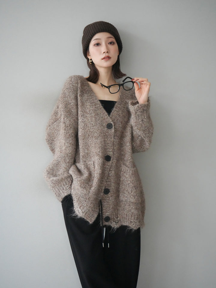 [予約]ミックスヤーンVネックオーバーニットカーディガン/brown