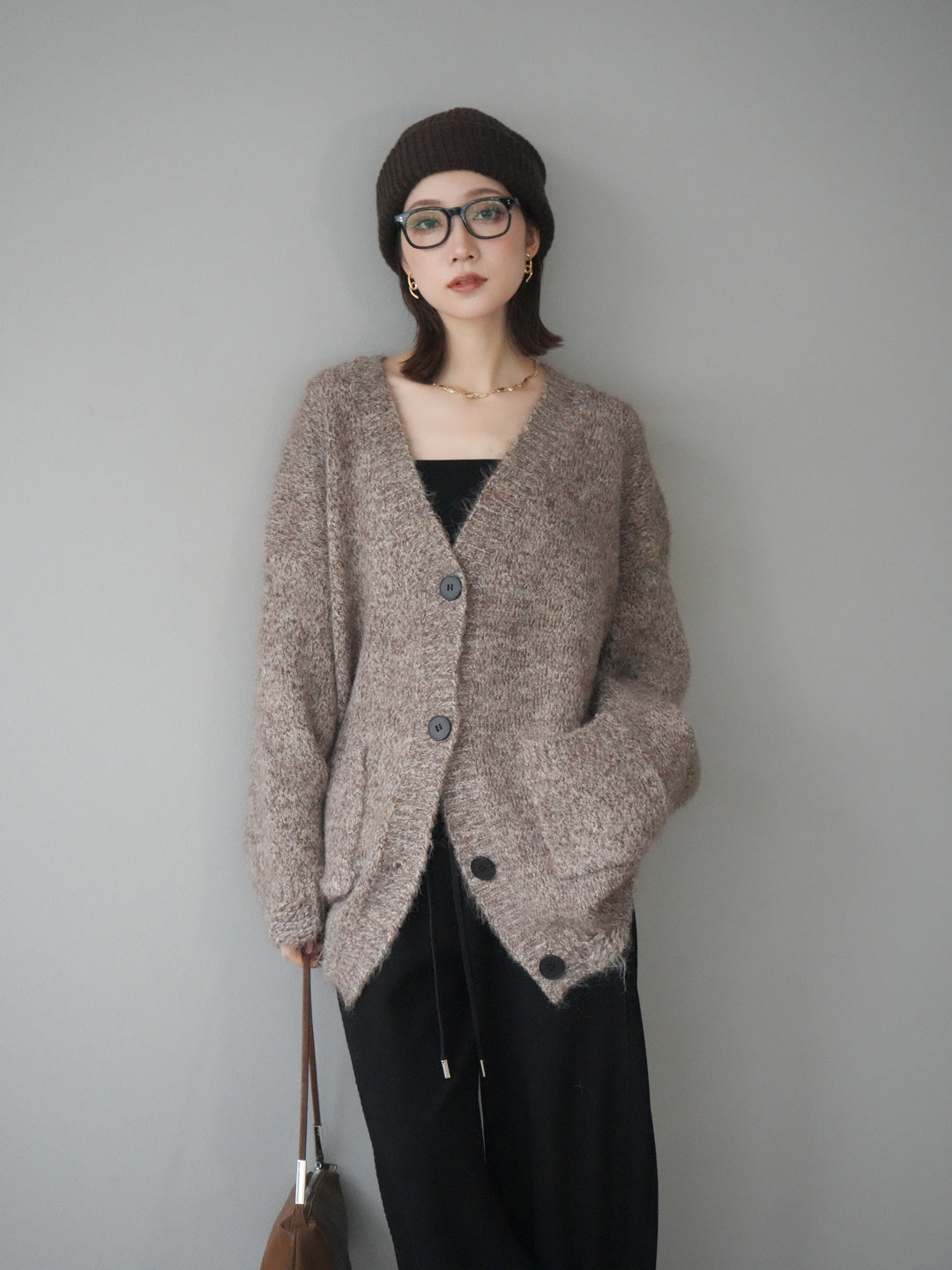 [予約]ミックスヤーンVネックオーバーニットカーディガン/brown