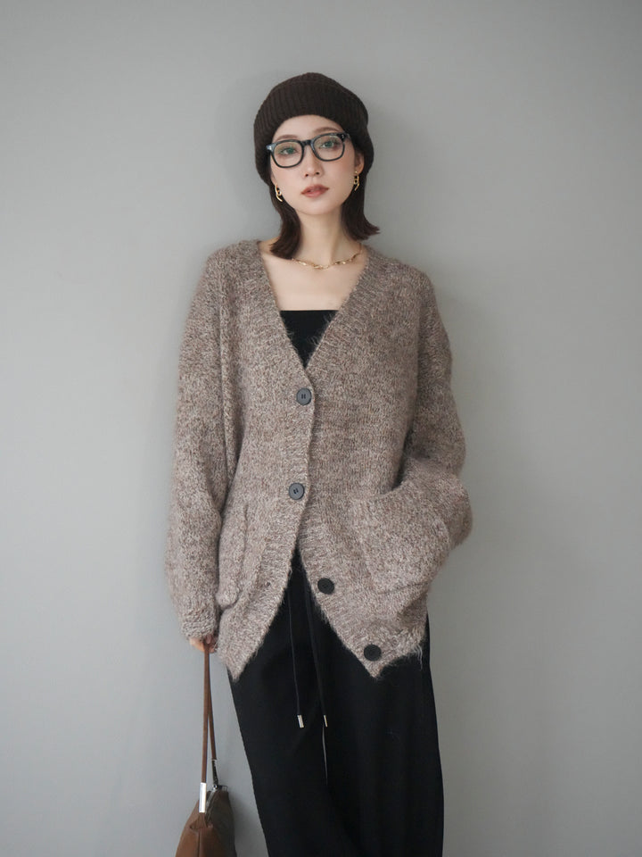 [予約]ミックスヤーンVネックオーバーニットカーディガン/brown