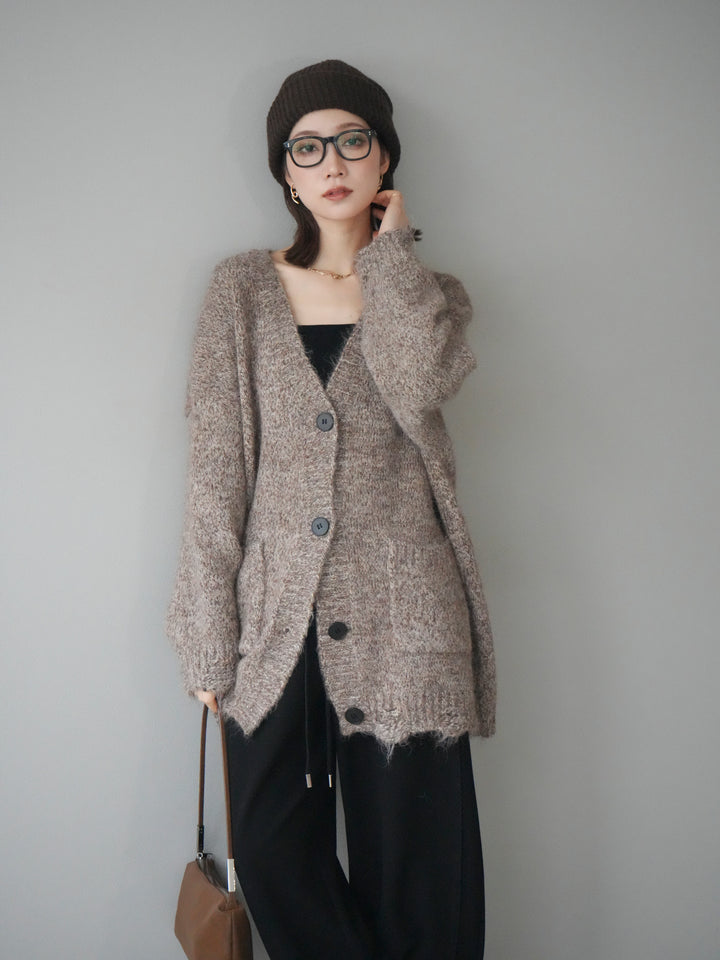 [予約]ミックスヤーンVネックオーバーニットカーディガン/brown