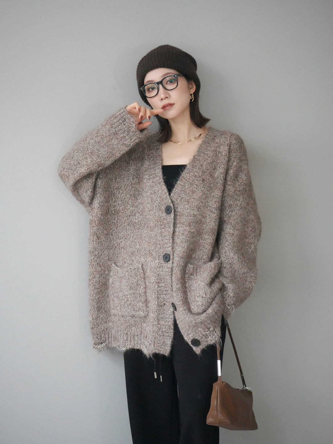 [予約]ミックスヤーンVネックオーバーニットカーディガン/brown