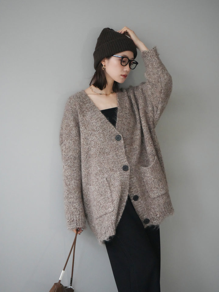 [予約]ミックスヤーンVネックオーバーニットカーディガン/brown