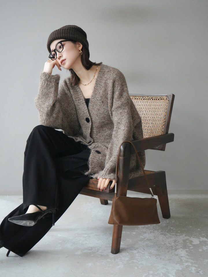 [予約]ミックスヤーンVネックオーバーニットカーディガン/brown