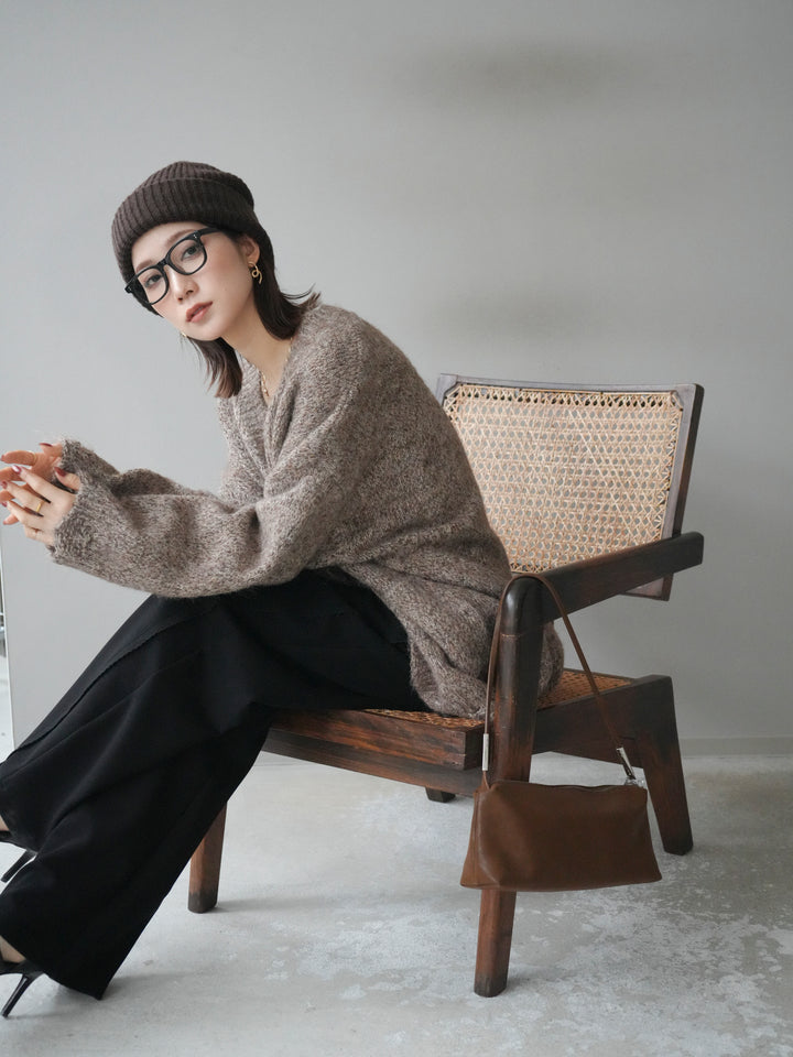 [予約]ミックスヤーンVネックオーバーニットカーディガン/brown