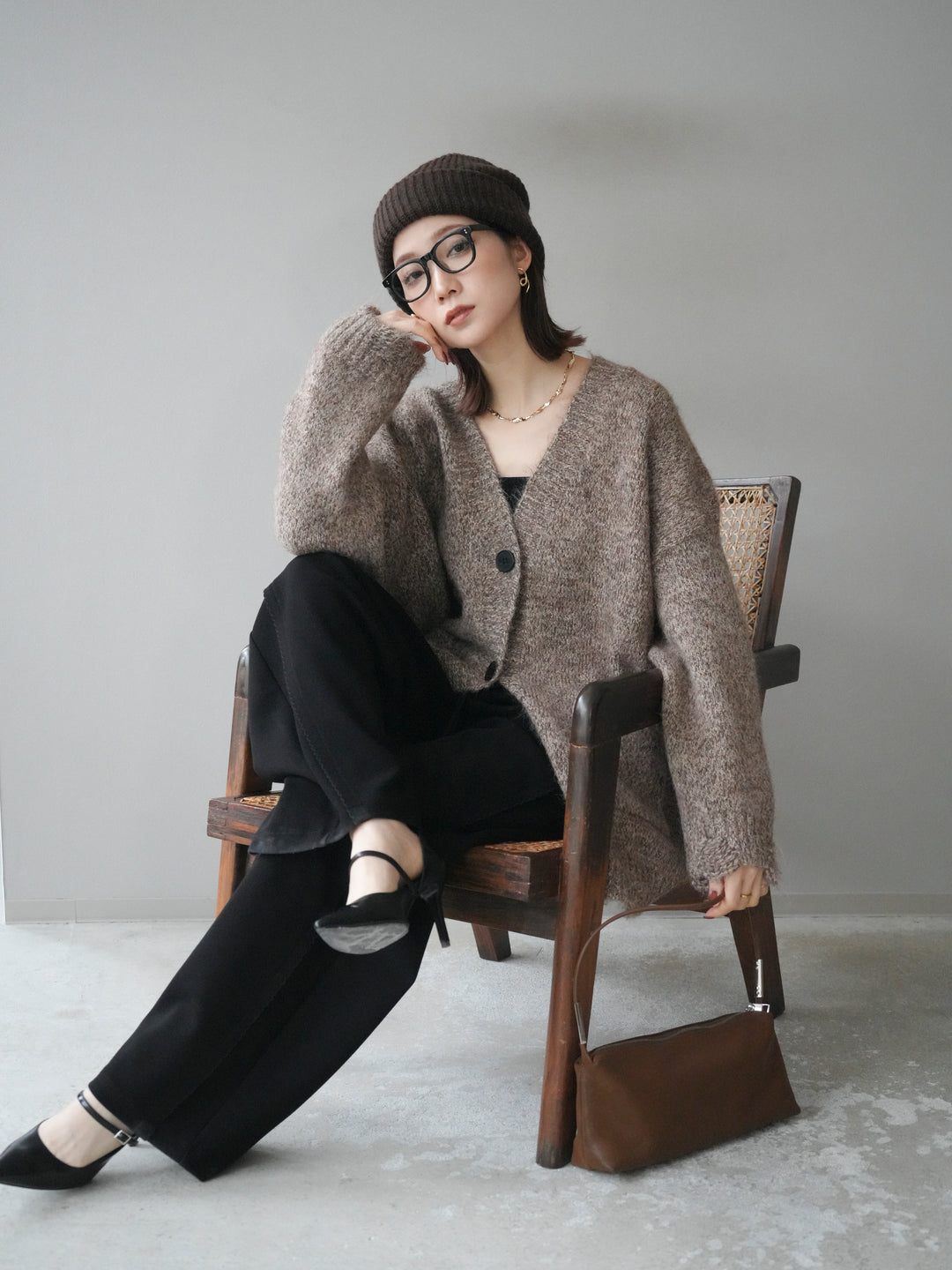 [予約]ミックスヤーンVネックオーバーニットカーディガン/brown