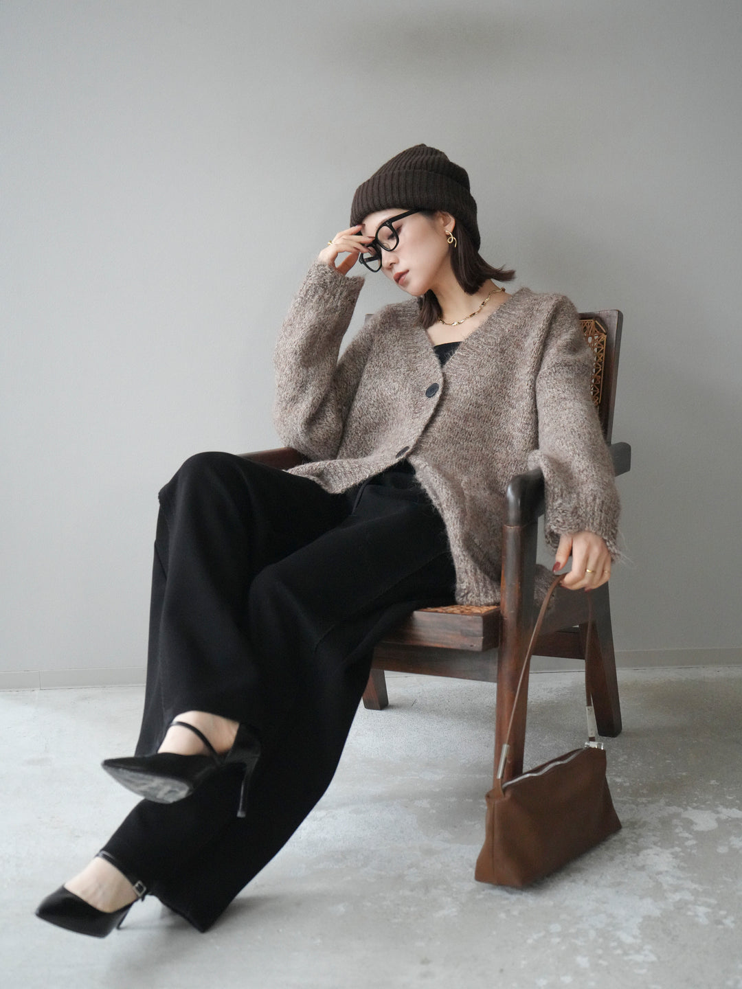 [予約]ミックスヤーンVネックオーバーニットカーディガン/brown