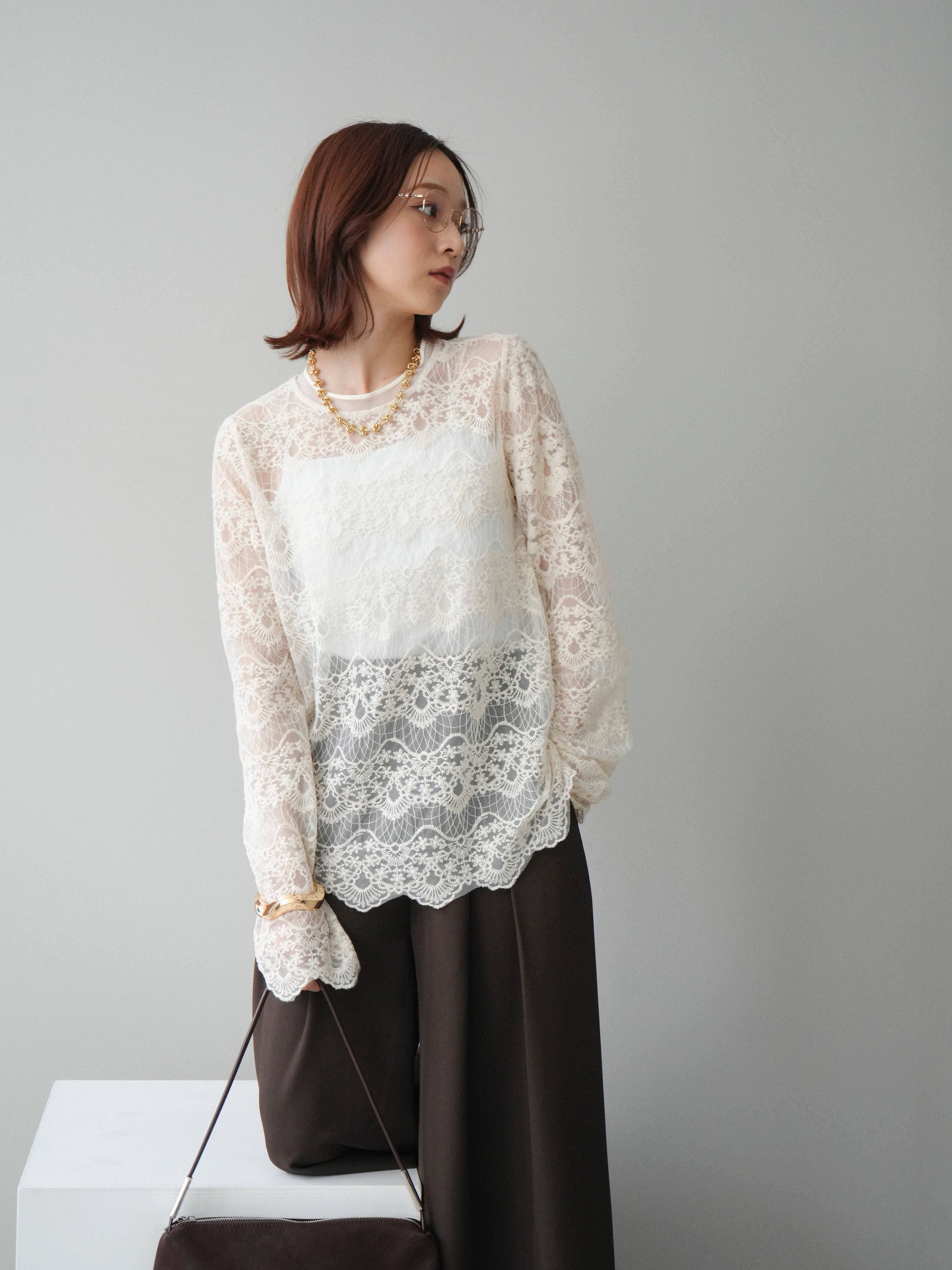 エスパン】レース黒トップス2864 SET]チュールレーストップス+チュール