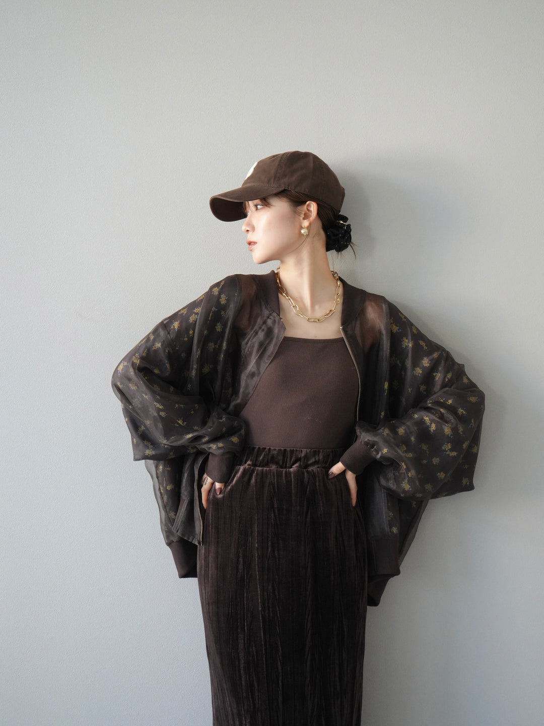 [予約]フラワーチュールドッキングブルゾン/ブラウン